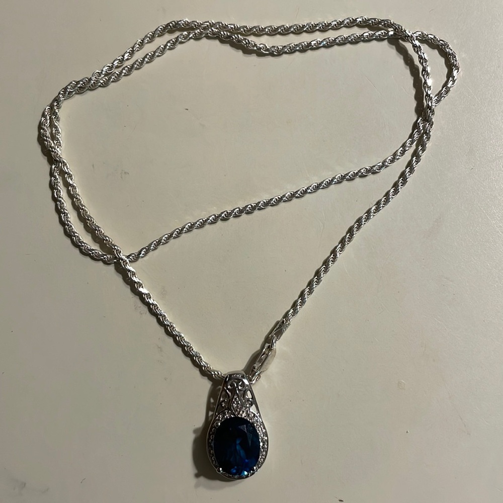 Sterling silver necklace with blue stone pendant chain 20” long
